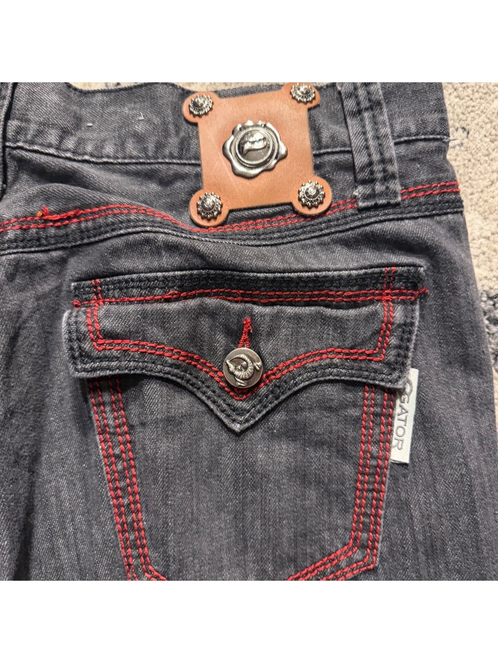 Gator Black Denim Jeans with Red Stitching, Size 40